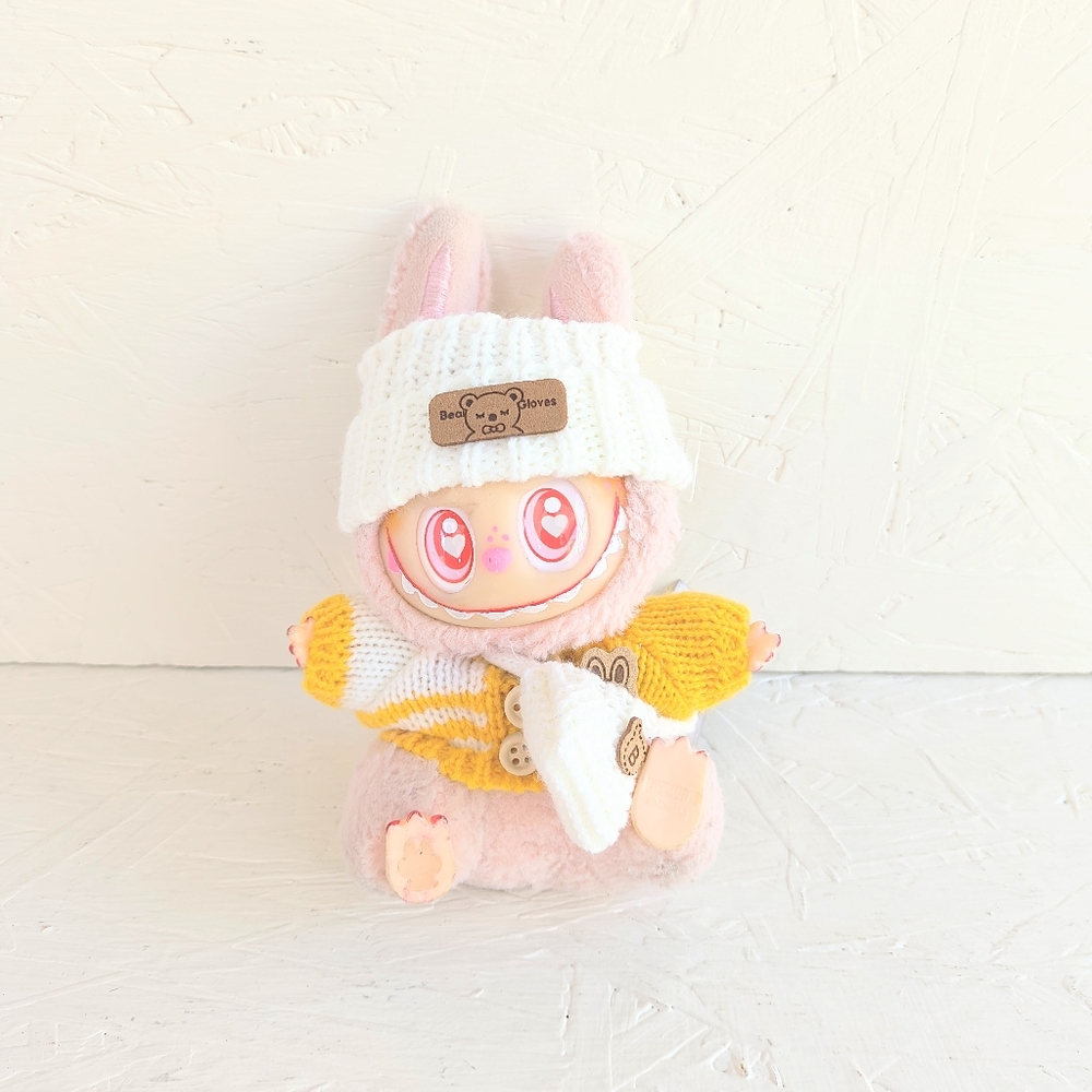 DOLL CLOTHES | Labubu Yellow/ White Knitted Sweater Doll Clothes & Bag Set